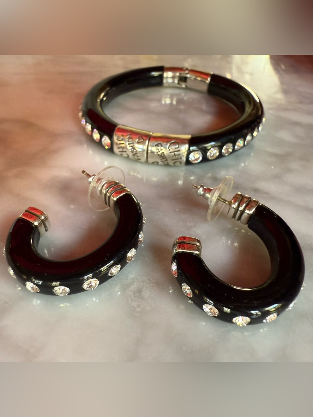 Vintage Black Clear Bracelet Pierced Earring Set